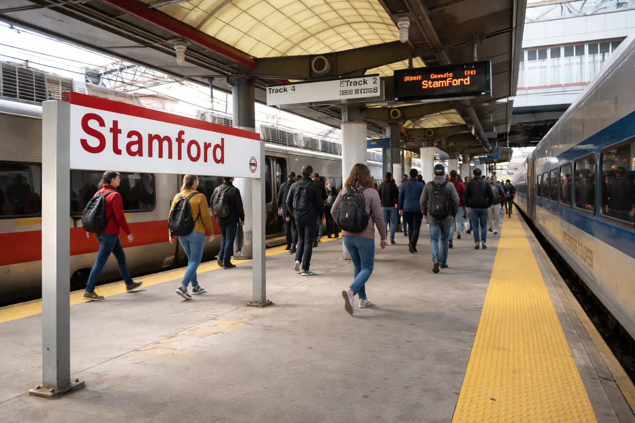 Commuters walking along the platform at Stamford train station beside Metro-North trains headed to New York.